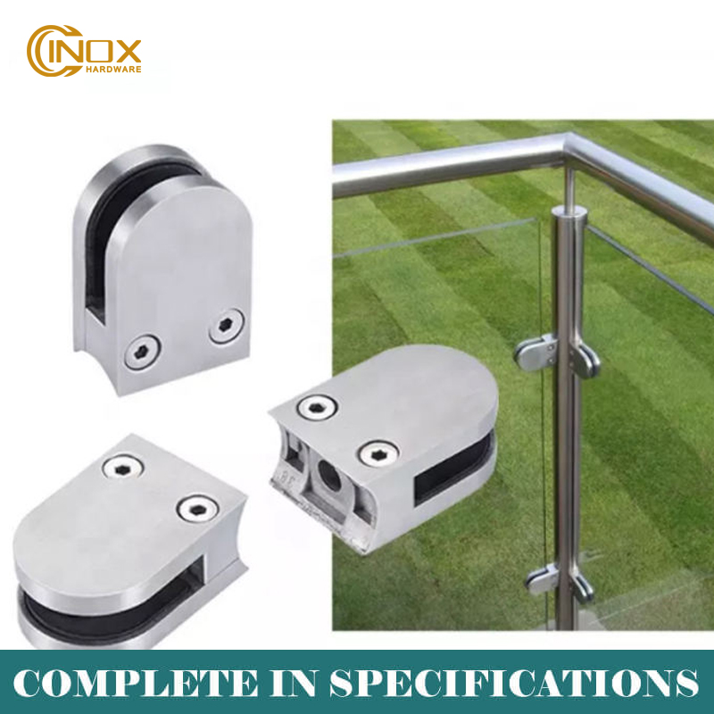 45x63mm stainless steel round D shape glass clamp for Ø42.4 mm baluster post, satin